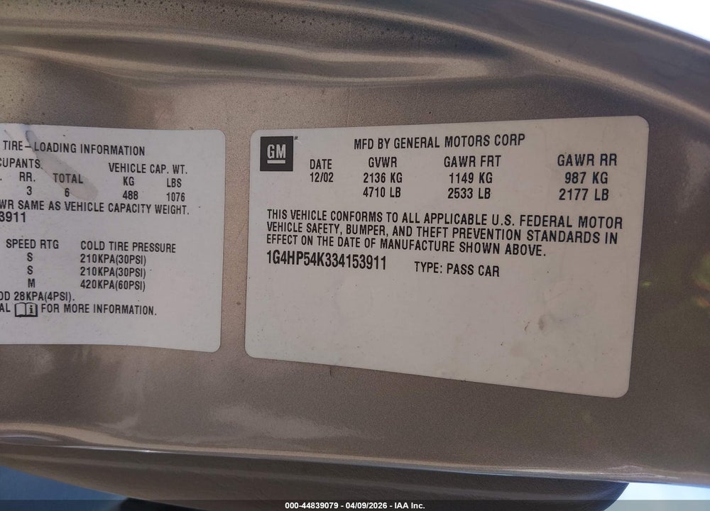 2003 BUICK LESABRE CUSTOM VIN: 1G4HP54K334153911