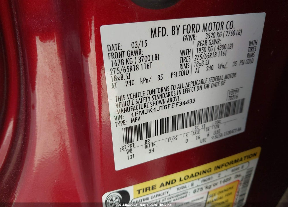 2015 FORD EXPEDITION EL XLT VIN: 1FMJK1JT8FEF34433