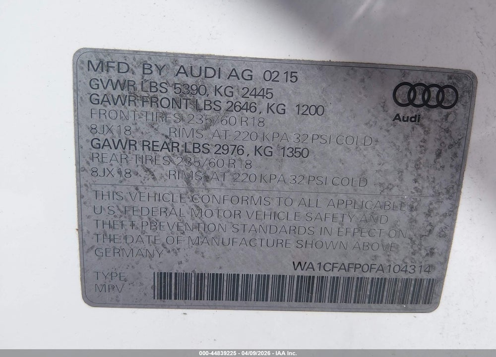2015 AUDI Q5 2.0T PREMIUM VIN: WA1CFAFP0FA104314