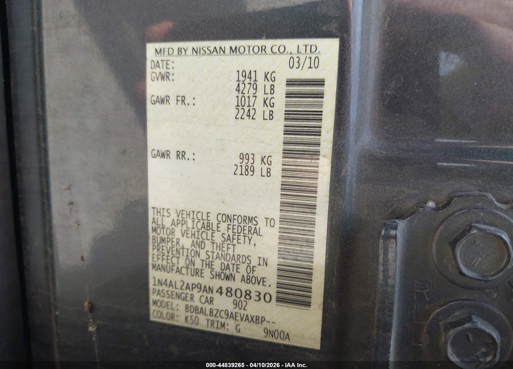 2010 NISSAN ALTIMA 2.5 S VIN: 1N4AL2AP9AN480830