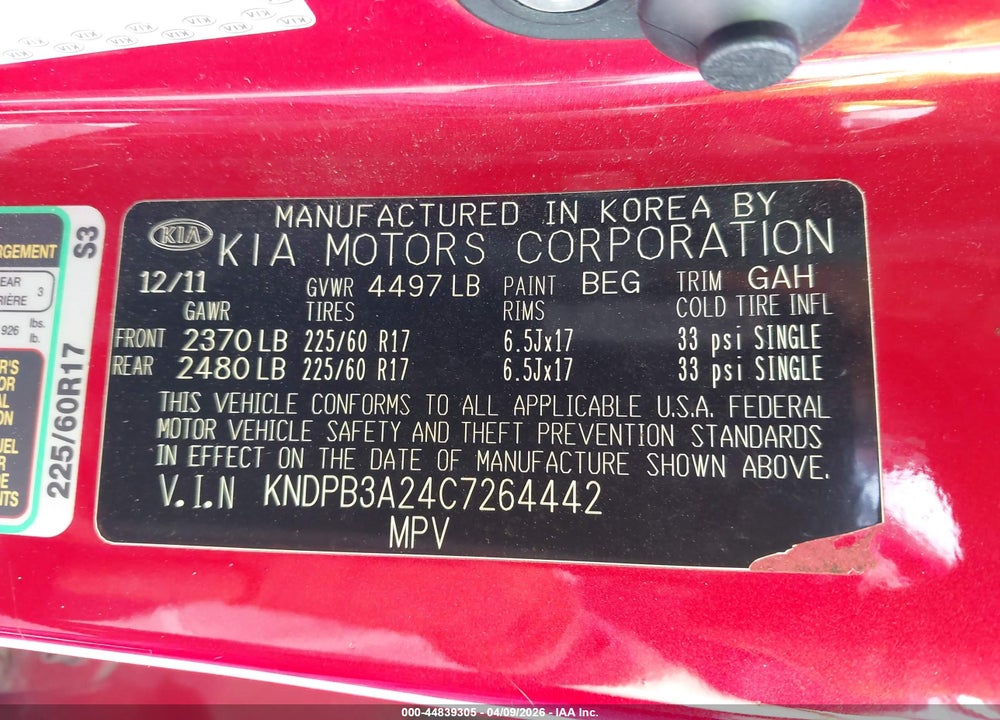 2012 KIA SPORTAGE LX VIN: KNDPB3A24C7264442