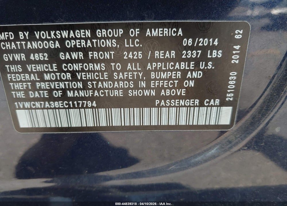 2014 VOLKSWAGEN PASSAT 2.0L TDI SEL PREMIUM VIN: 1VWCN7A36EC117794