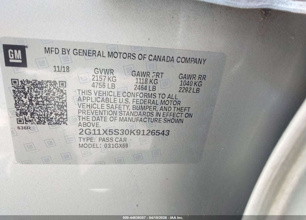 2019 CHEVROLET IMPALA LS VIN: 2G11X5S30K9126543