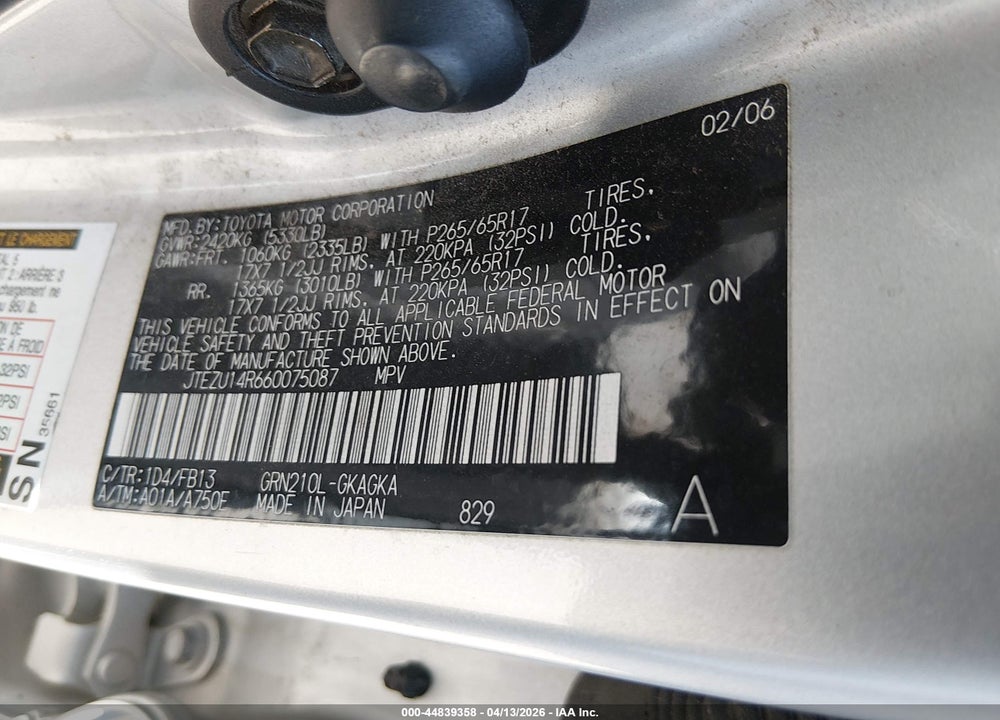 2006 TOYOTA 4RUNNER SR5 SPORT V6 VIN: JTEZU14R660075087