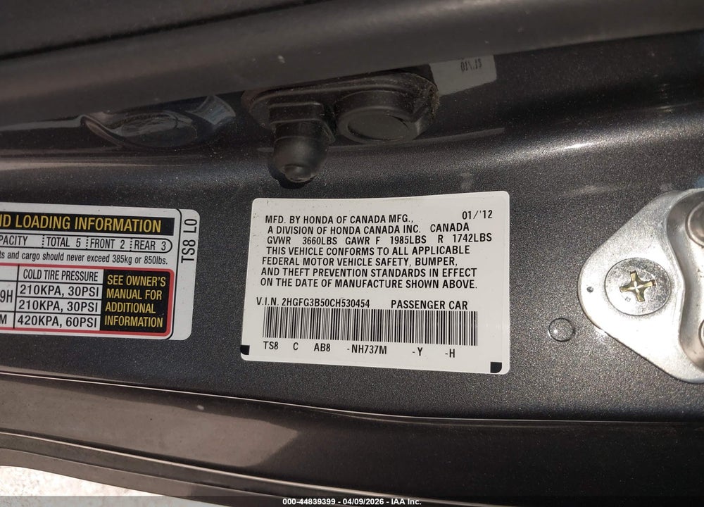 2012 HONDA CIVIC LX VIN: 2HGFG3B50CH530454