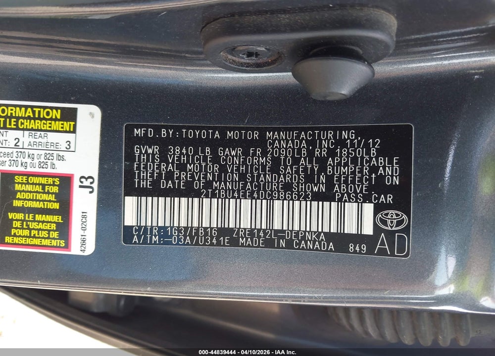 2013 TOYOTA COROLLA LE VIN: 2T1BU4EE4DC986623