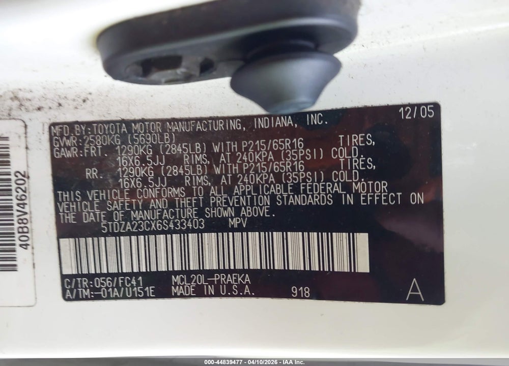 2006 TOYOTA SIENNA LE VIN: 5TDZA23CX6S433403