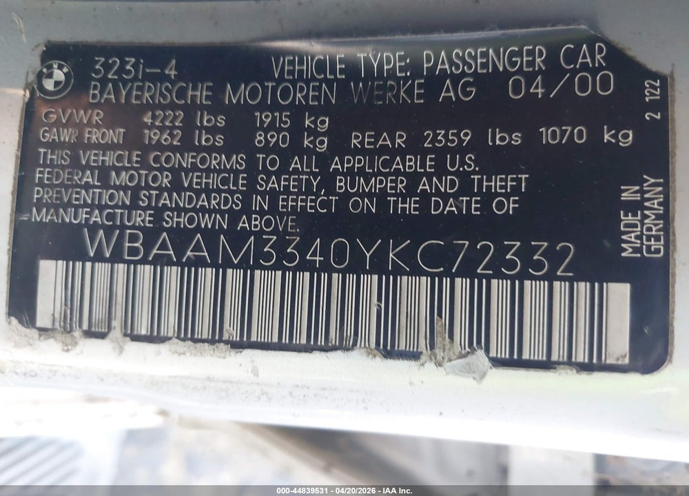 2000 BMW 323I VIN: WBAAM3340YKC72332