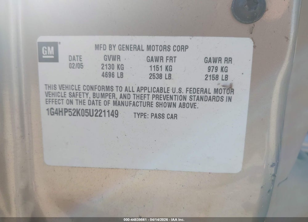 2005 BUICK LESABRE CUSTOM VIN: 1G4HP52K05U221149