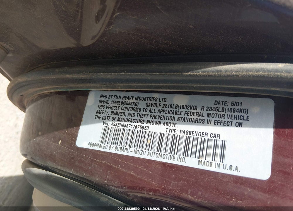 2001 SUBARU OUTBACK LIMITED VIN: 4S3BH686717675950