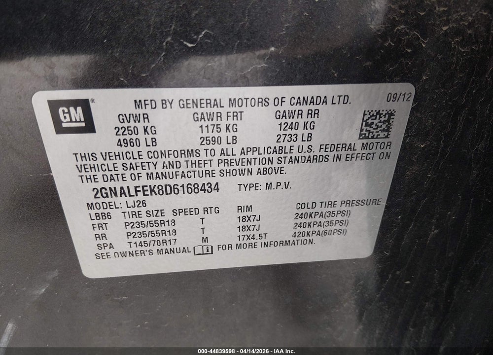2013 CHEVROLET EQUINOX LTZ VIN: 2GNALFEK8D6168434