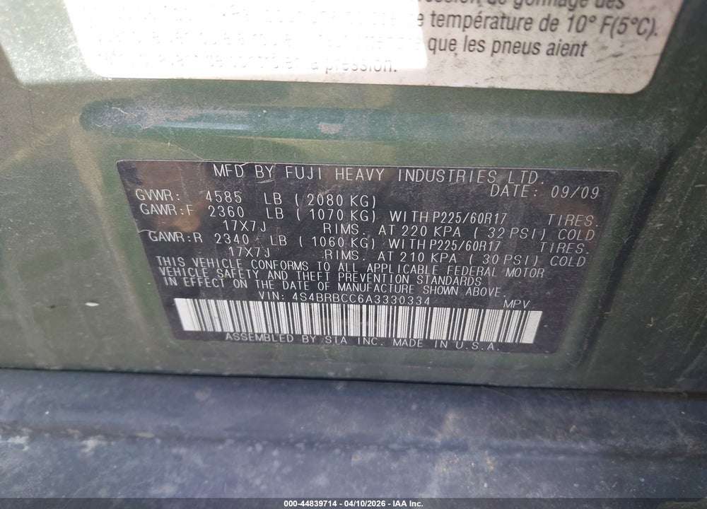 2010 SUBARU OUTBACK 2.5I PREMIUM VIN: 4S4BRBCC6A3330334