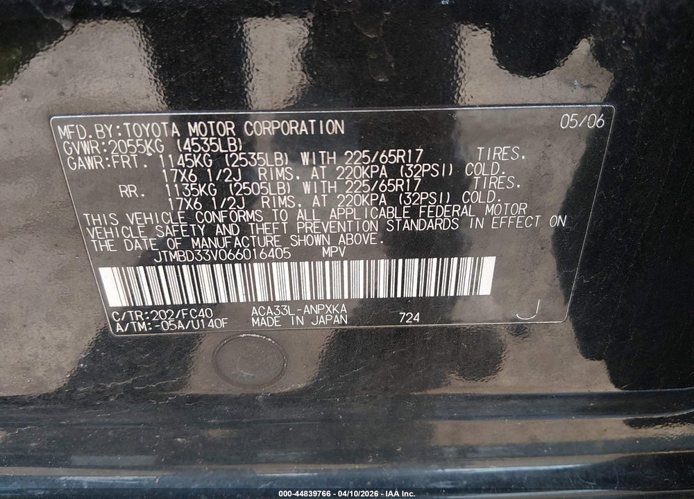 2006 TOYOTA RAV4 VIN: JTMBD33V066016405