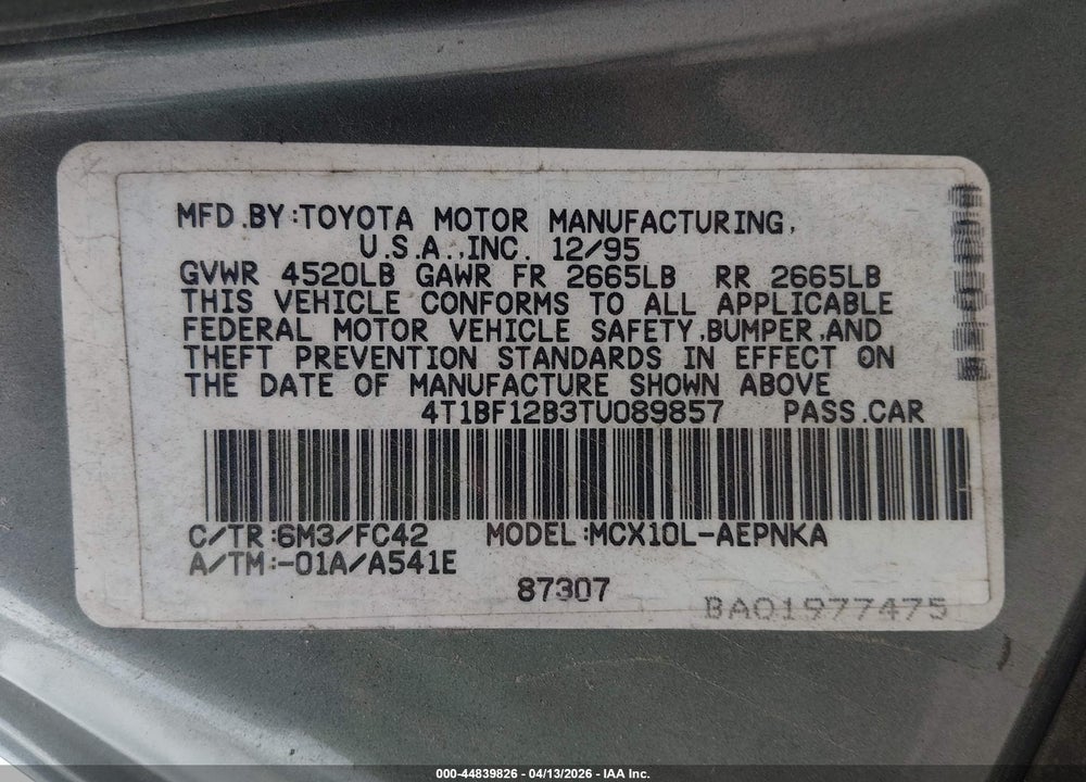 1996 TOYOTA AVALON XL/XLS VIN: 4T1BF12B3TU089857