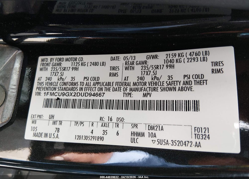2013 FORD ESCAPE SE VIN: 1FMCU9GX2DUD94667
