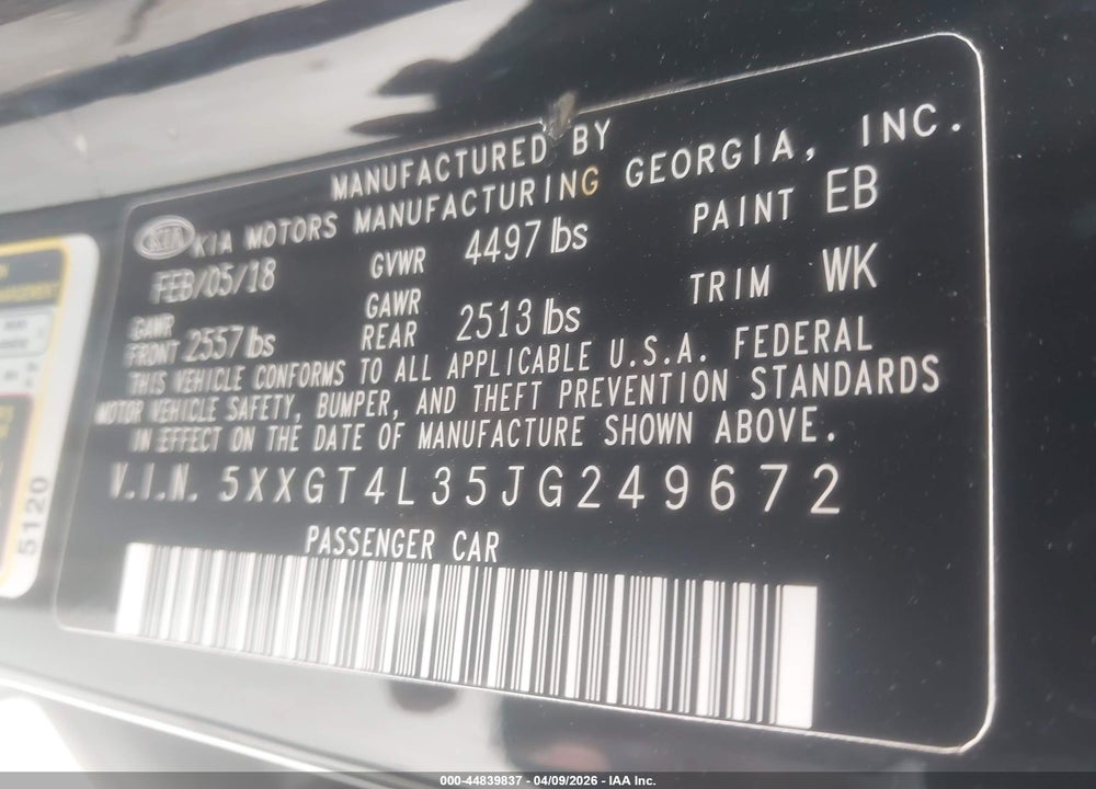 2018 KIA OPTIMA LX VIN: 5XXGT4L35JG249672