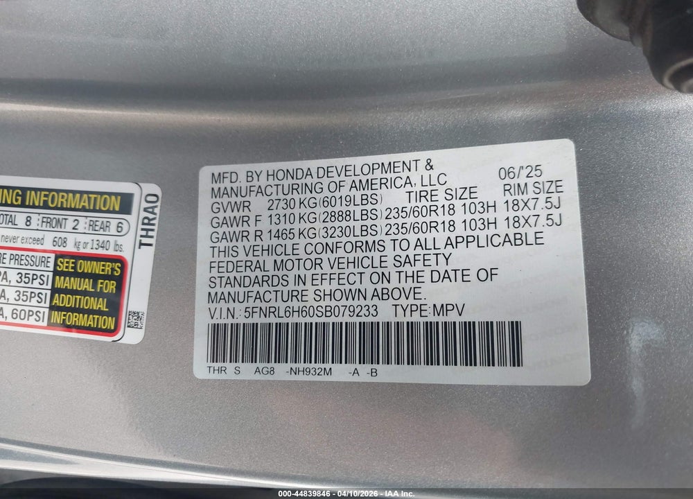 2025 HONDA ODYSSEY EX-L VIN: 5FNRL6H60SB079233