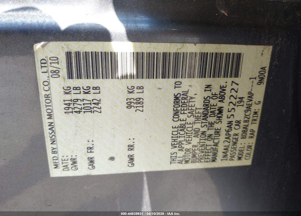2010 NISSAN ALTIMA 2.5 S VIN: 1N4AL2AP6AN552227