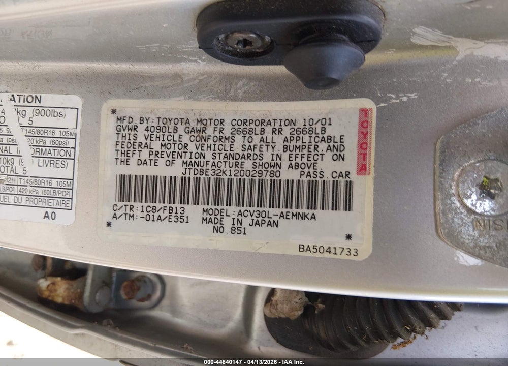 2002 TOYOTA CAMRY LE/XLE/SE VIN: JTDBE32K120029780