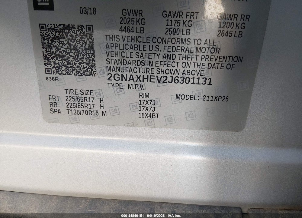 2018 CHEVROLET EQUINOX LS VIN: 2GNAXHEV2J6301131