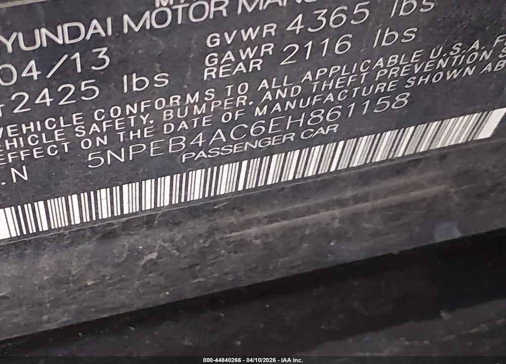 2014 HYUNDAI SONATA GLS VIN: 5NPEB4AC6EH861158