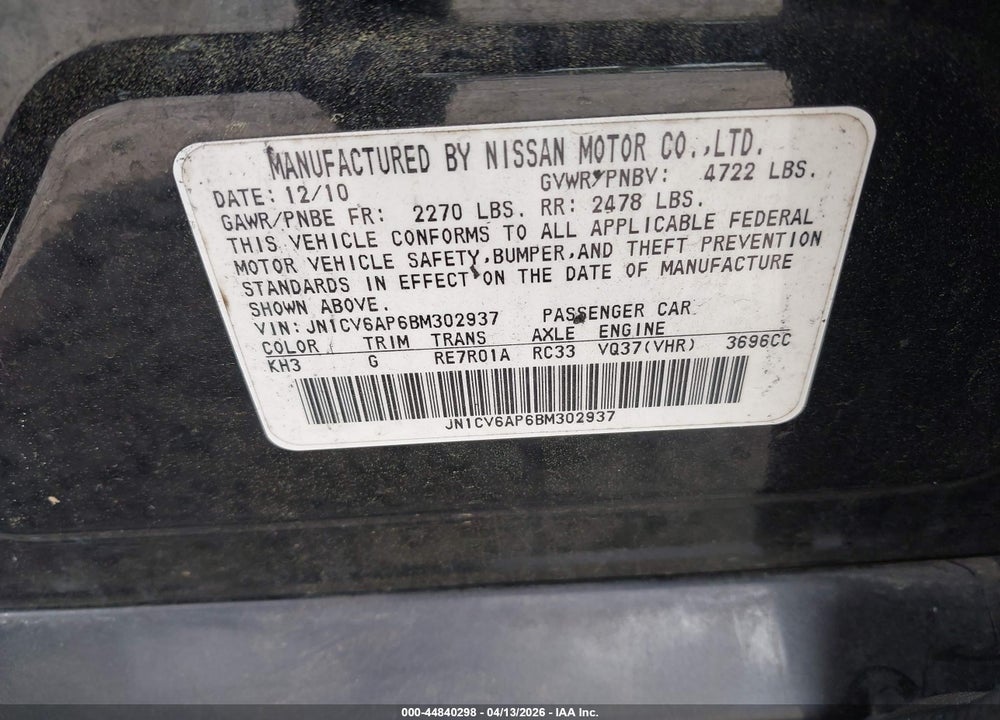 2011 INFINITI G37 JOURNEY VIN: JN1CV6AP6BM302937