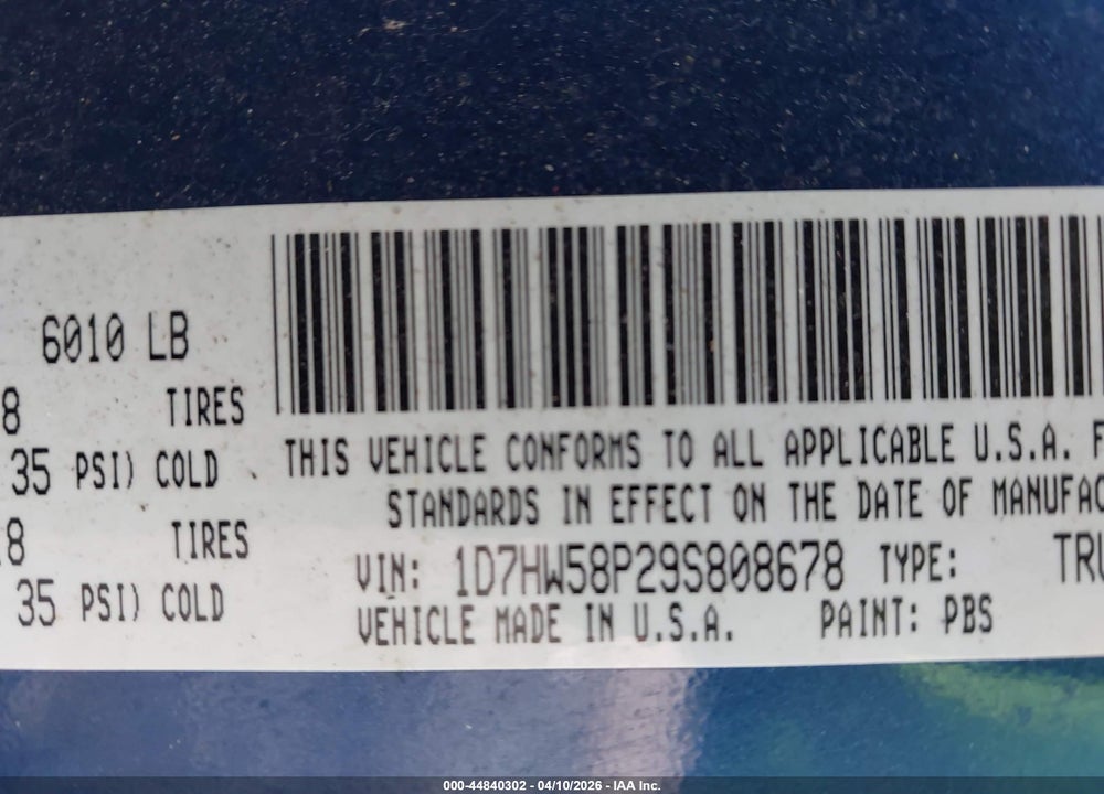 2009 DODGE DAKOTA LARAMIE VIN: 1D7HW58P29S808678