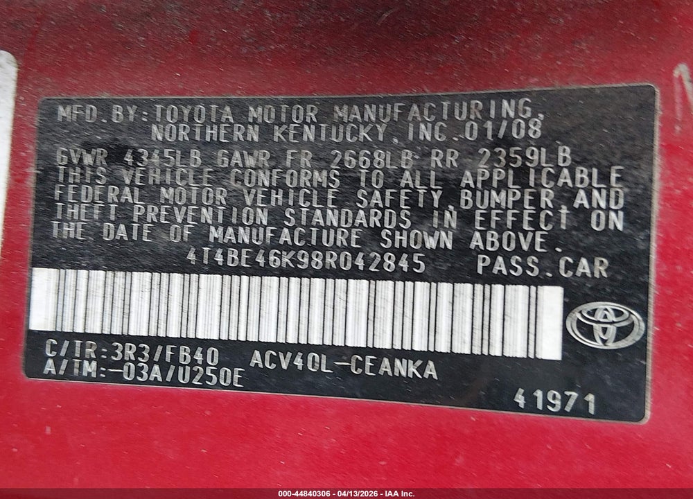 2008 TOYOTA CAMRY LE VIN: 4T4BE46K98R042845