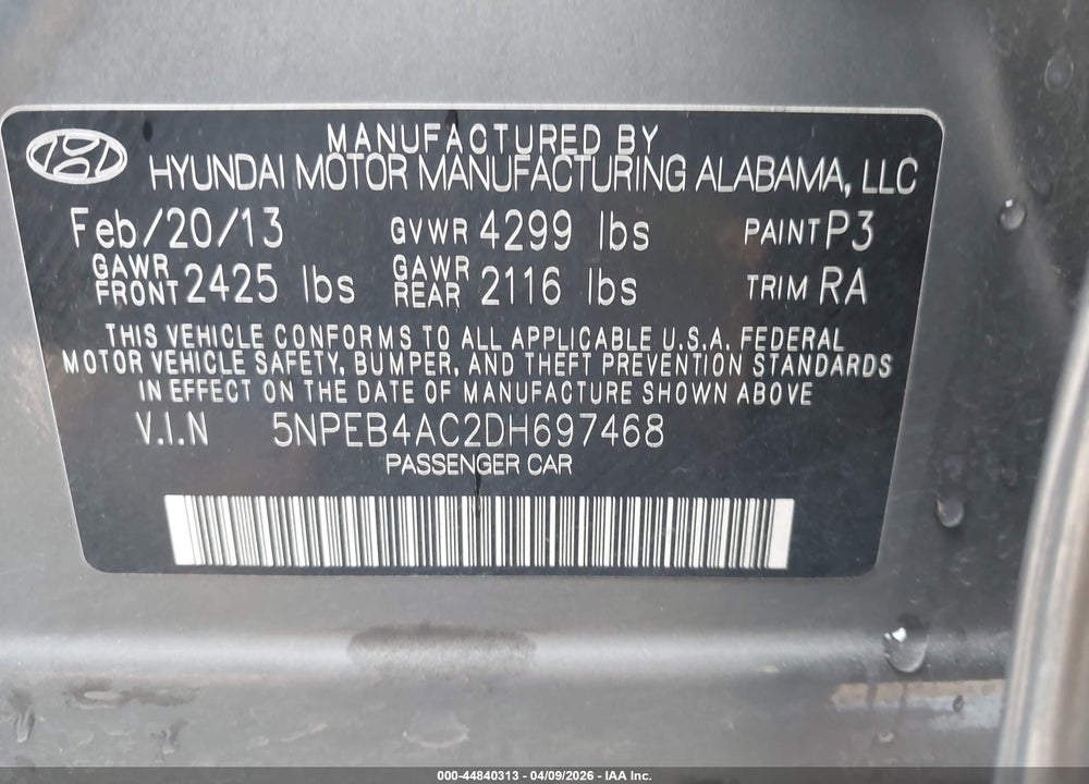 2013 HYUNDAI SONATA GLS VIN: 5NPEB4AC2DH697468