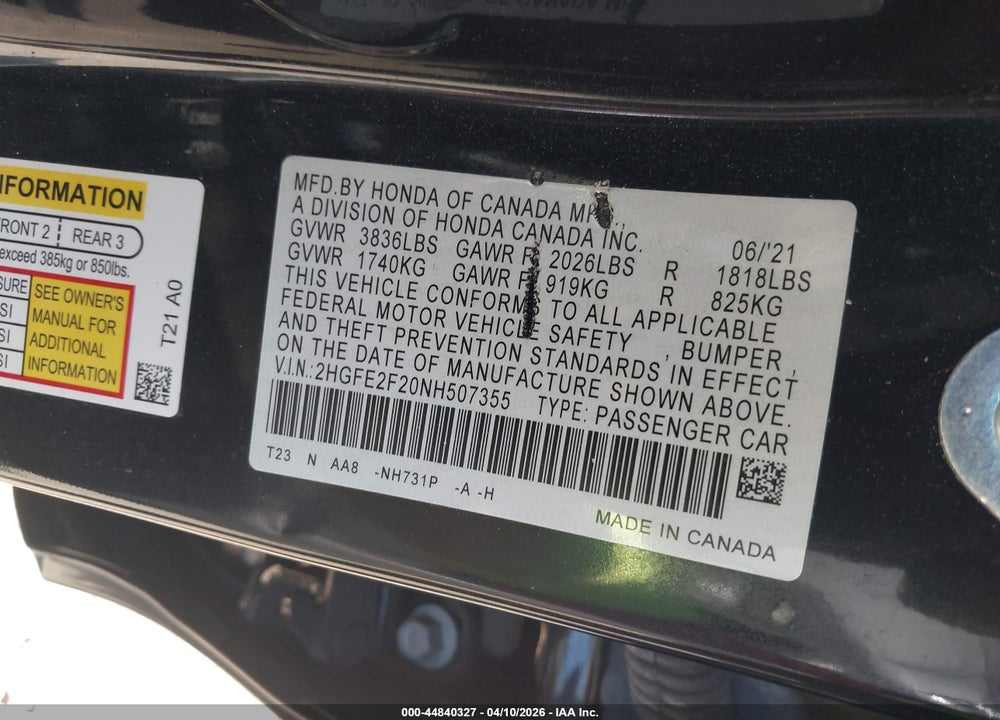 2022 HONDA CIVIC LX VIN: 2HGFE2F20NH507355