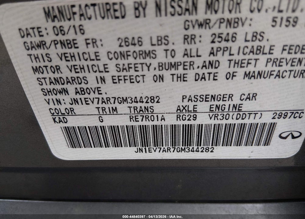 2016 INFINITI Q50 3.0T PREMIUM VIN: JN1EV7AR7GM344282