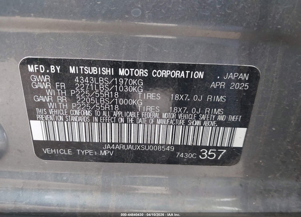 2025 MITSUBISHI OUTLANDER SPORT 2.0 ES AWC/2.0 LE AWC/2.0 S AWC/2.0 SE AWC/2.0 TRAIL EDITION AWC VIN: JA4ARUAUXSU008549