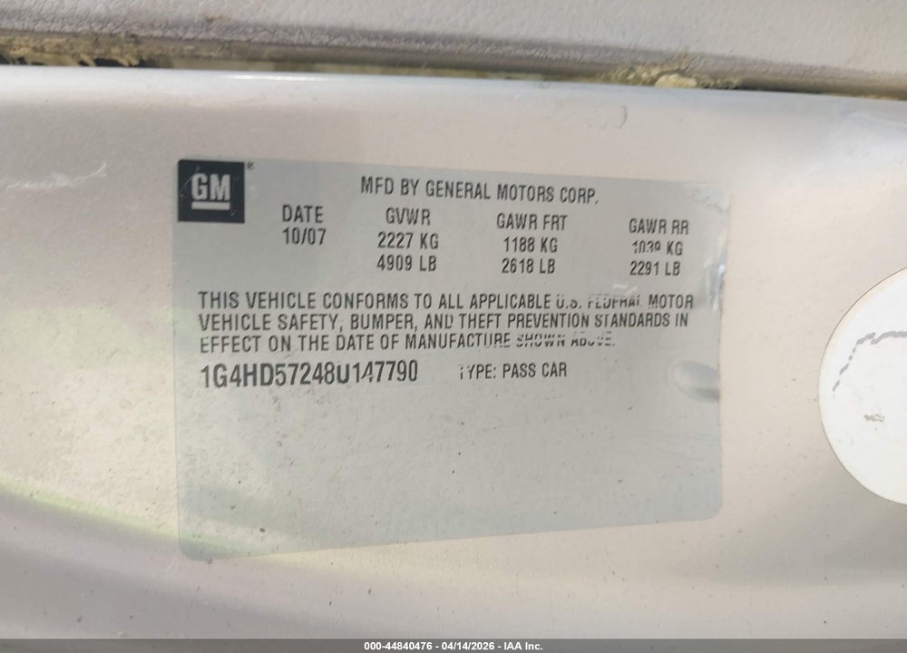 2008 BUICK LUCERNE CXL VIN: 1G4HD57248U147790