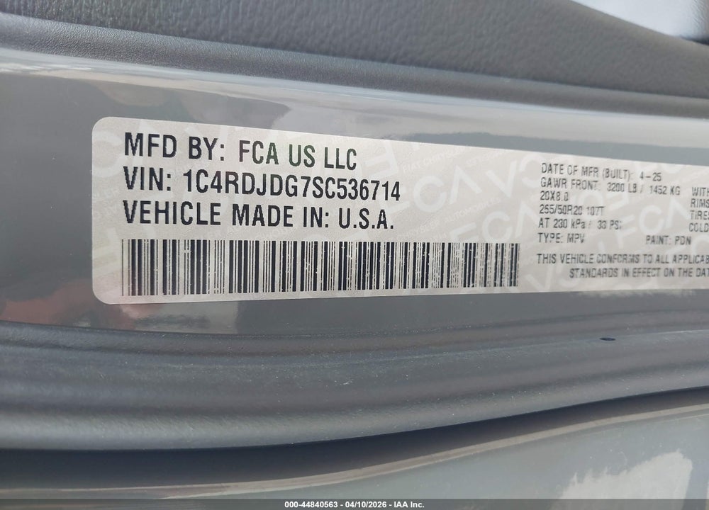 2025 DODGE DURANGO GT AWD VIN: 1C4RDJDG7SC536714