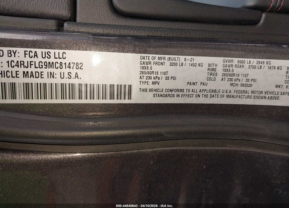 2021 JEEP GRAND CHEROKEE TRAILHAWK 4X4 VIN: 1C4RJFLG9MC814782