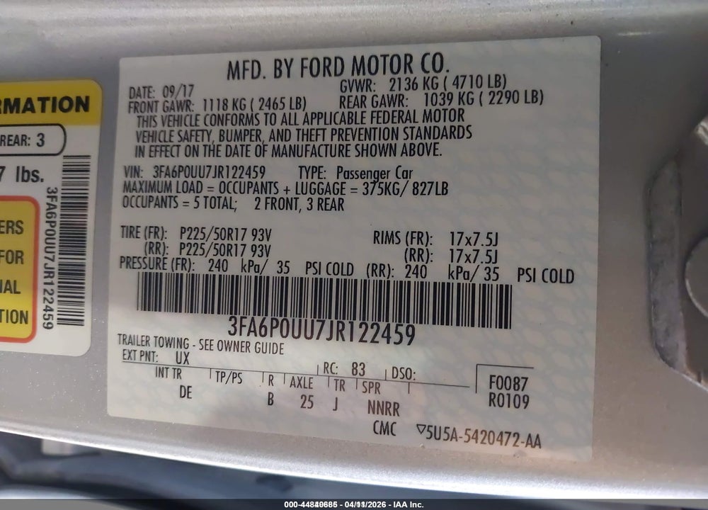 2018 FORD FUSION HYBRID S VIN: 3FA6P0UU7JR122459