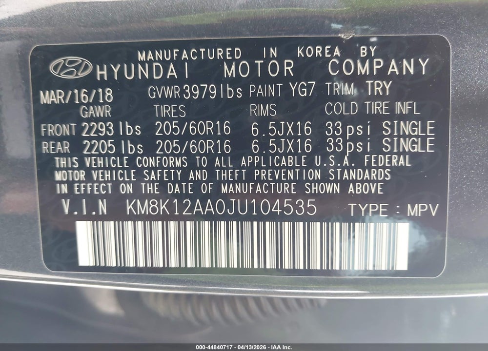2018 HYUNDAI KONA SE VIN: KM8K12AA0JU104535
