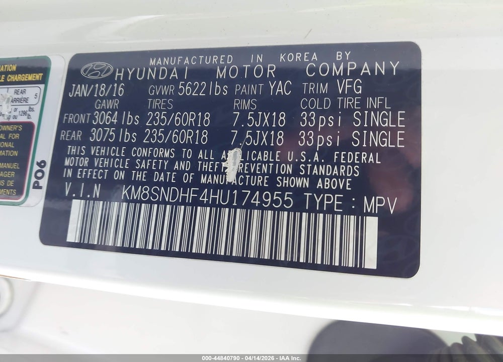 2017 HYUNDAI SANTA FE SE VIN: KM8SNDHF4HU174955