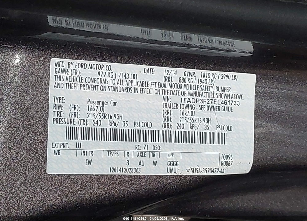 2014 FORD FOCUS SE VIN: 1FADP3F27EL461733