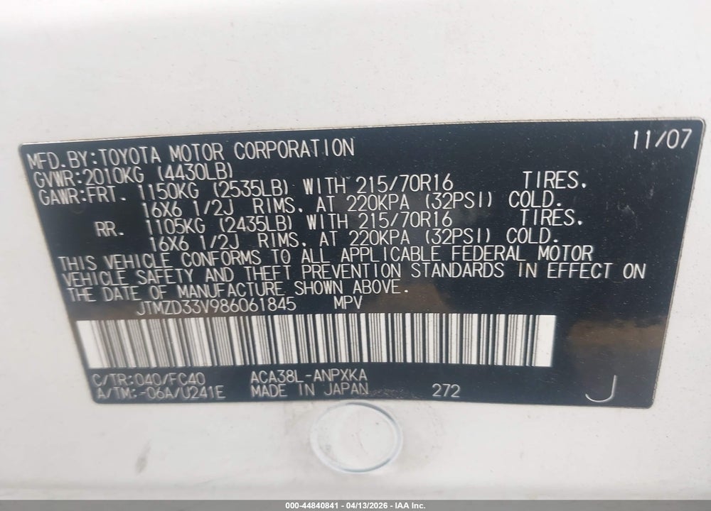2008 TOYOTA RAV4 VIN: JTMZD33V986061845