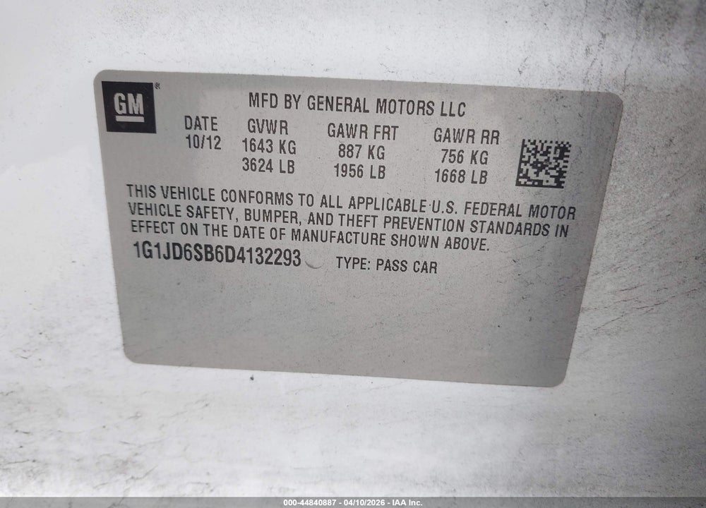 2013 CHEVROLET SONIC LT MANUAL VIN: 1G1JD6SB6D4132293