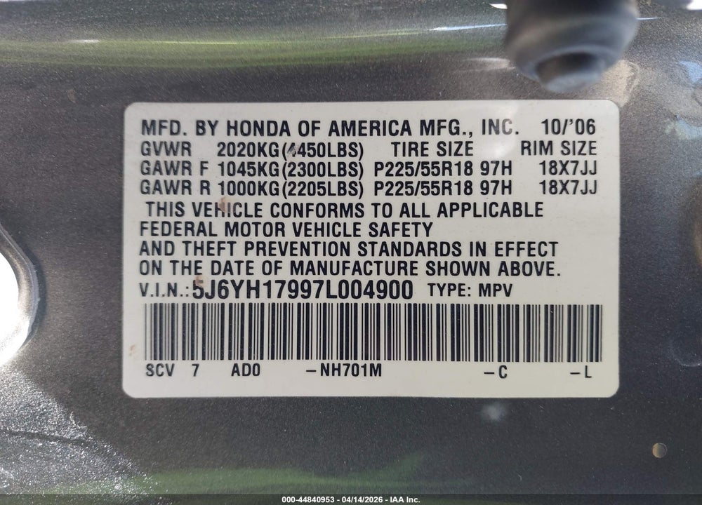 2007 HONDA ELEMENT SC VIN: 5J6YH17997L004900