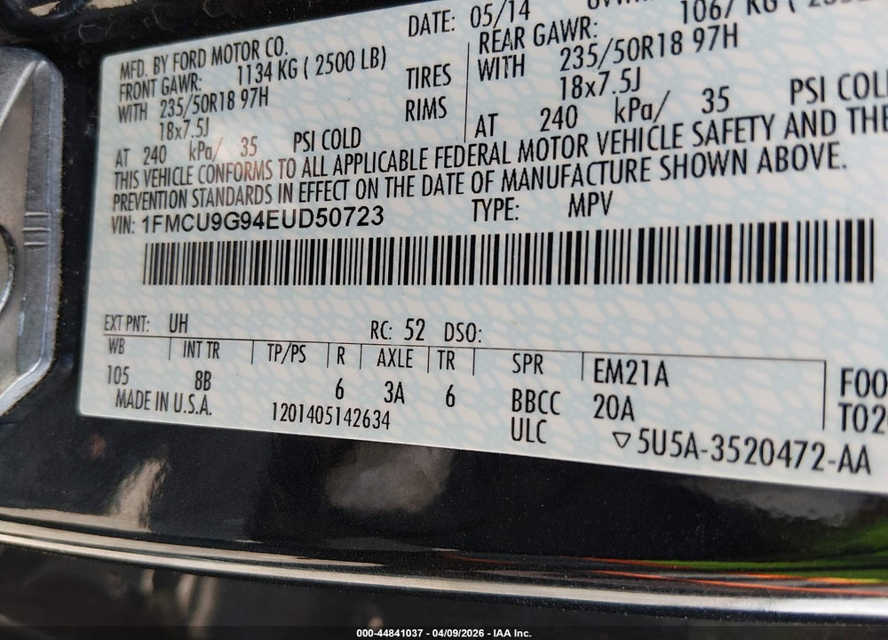 2014 FORD ESCAPE SE VIN: 1FMCU9G94EUD50723