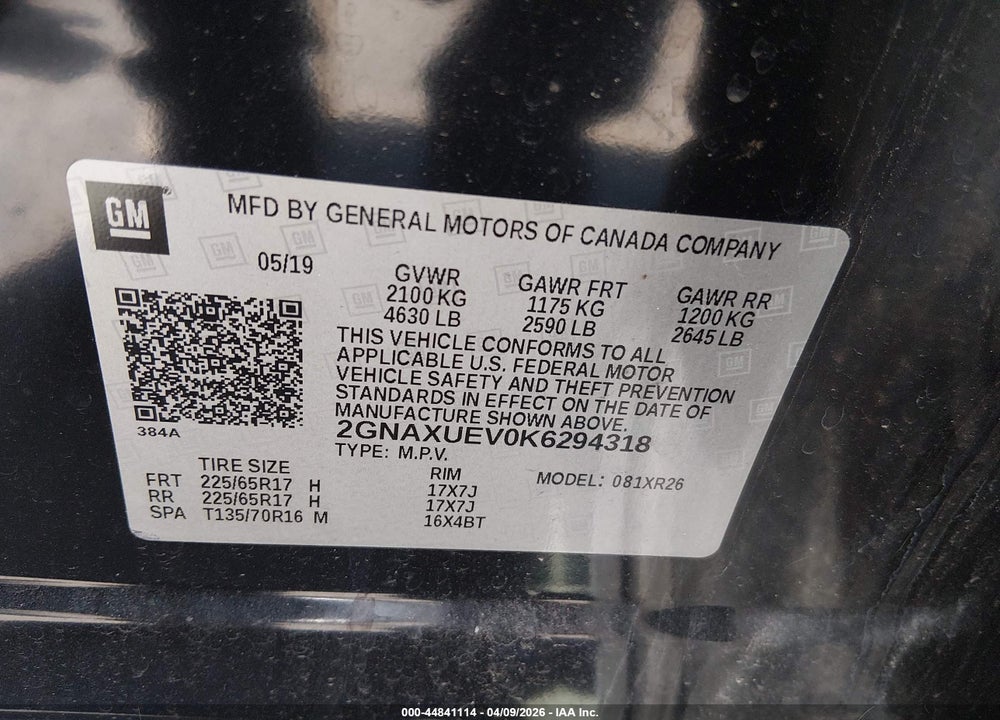 2019 CHEVROLET EQUINOX LT VIN: 2GNAXUEV0K6294318