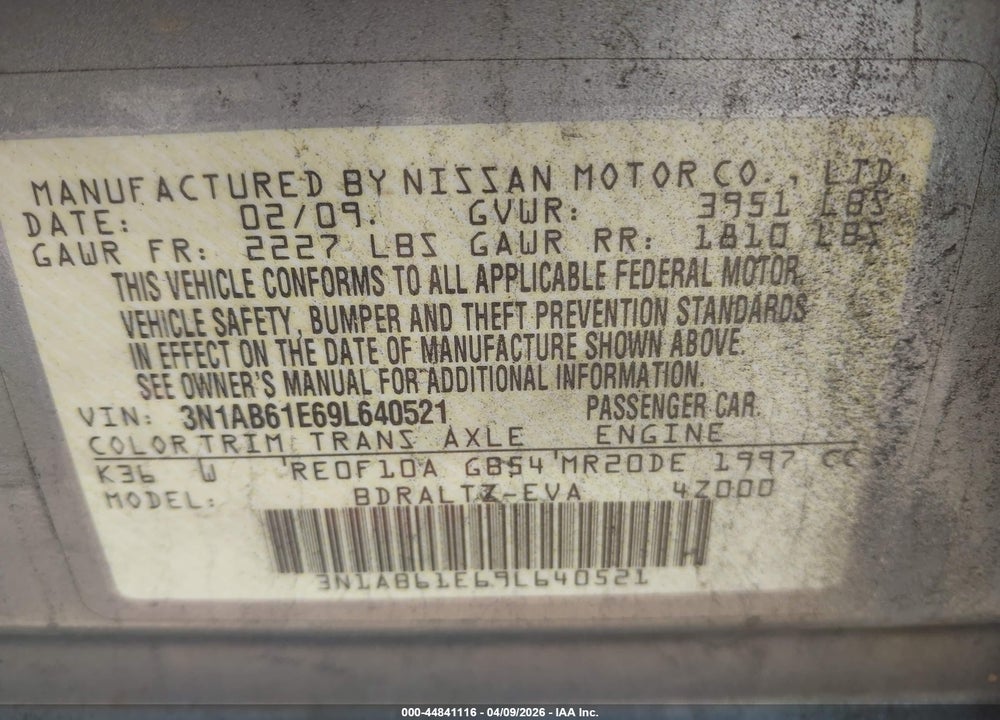 2009 NISSAN SENTRA VIN: 3N1AB61E69L640521