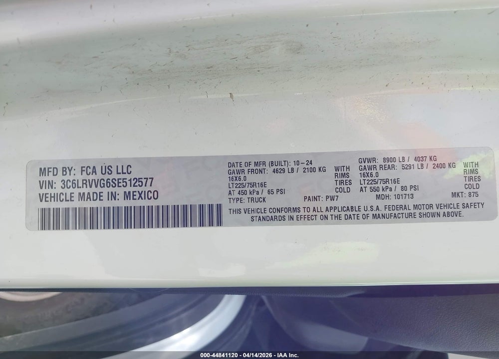 2025 RAM PROMASTER 2500 TRADESMAN LOW ROOF 136 WB W/PASS SEAT VIN: 3C6LRVVG6SE512577