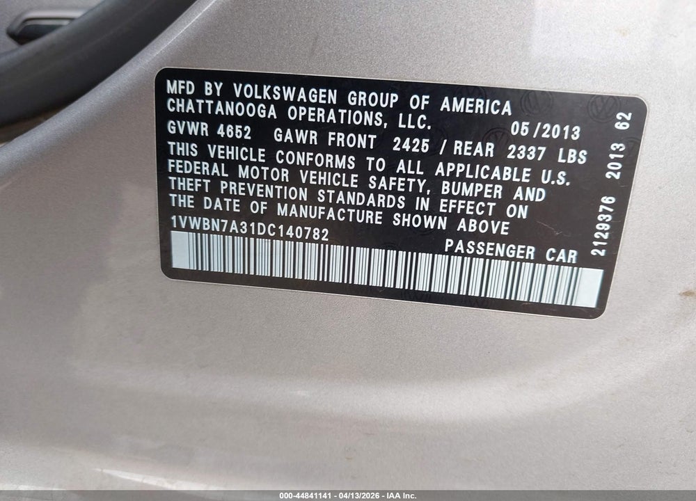 2013 VOLKSWAGEN PASSAT 2.0L TDI SE VIN: 1VWBN7A31DC140782