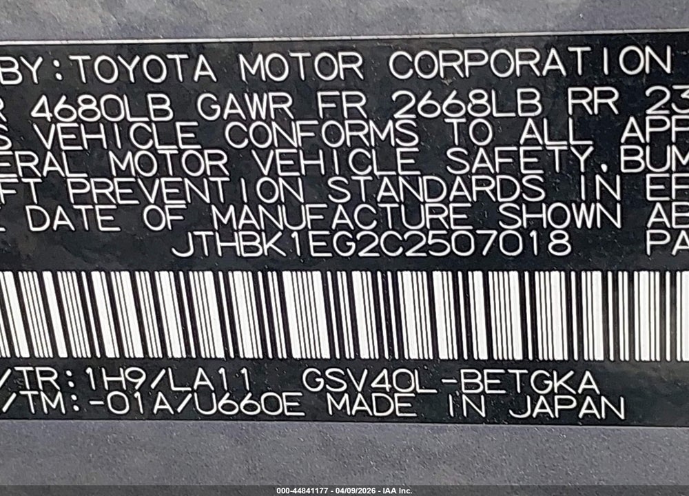 2012 LEXUS ES 350 VIN: JTHBK1EG2C2507018