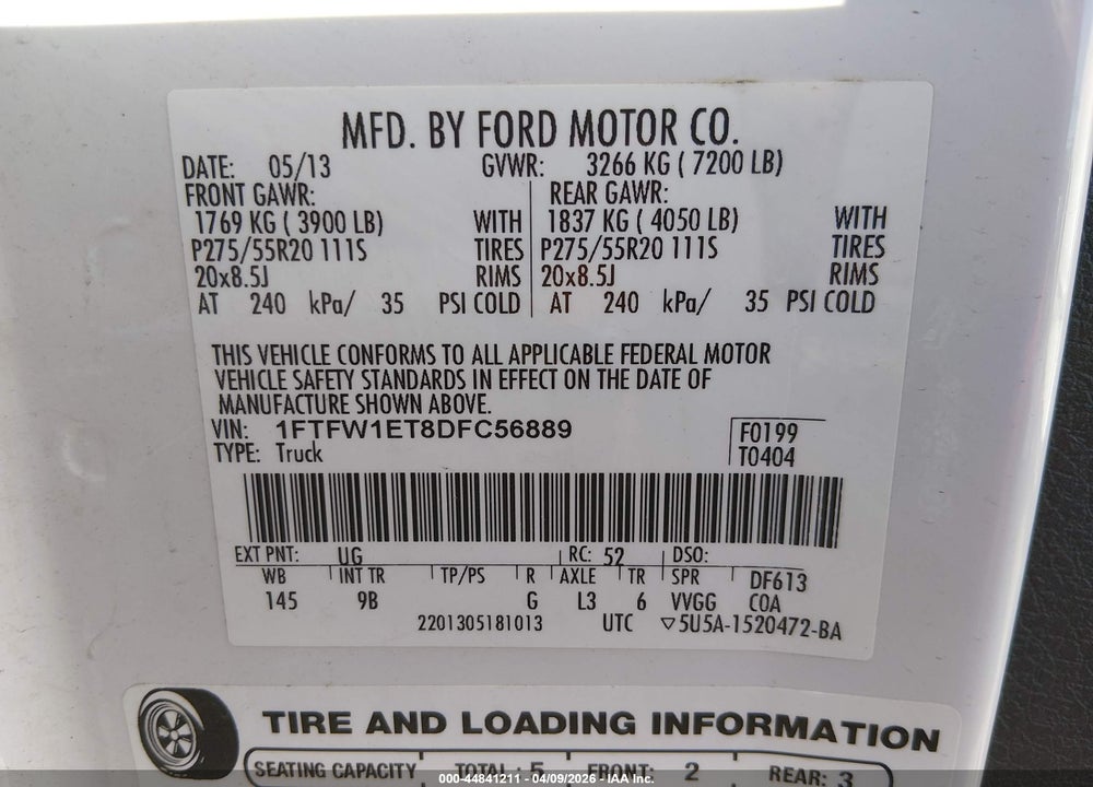 2013 FORD F-150 PLATINUM VIN: 1FTFW1ET8DFC56889