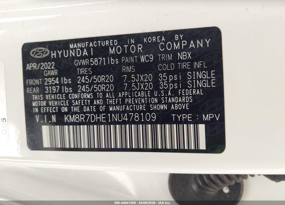 2022 HYUNDAI PALISADE CALLIGRAPHY VIN: KM8R7DHE1NU478109